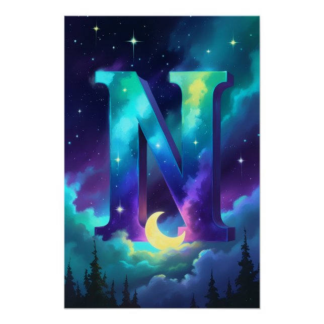 Nursery Letter N Name Northern Lights Moon Poster (Front)