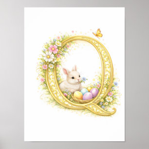 Nursery Letter Q Baby Bunny Initial Gold Floral Poster