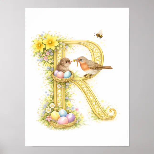 Letter R Robin Nursery Letter R Baby Robin Initial Gold Floral Poster | Zazzle