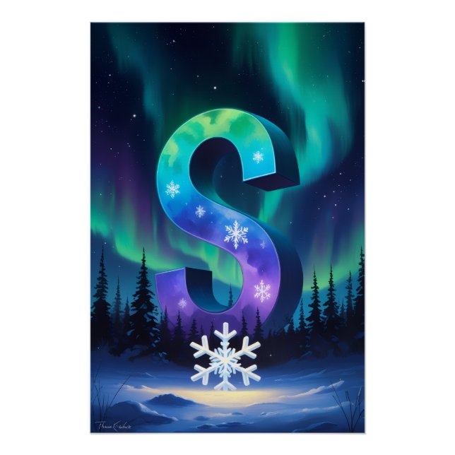 Nursery Letter S Name Northern Lights Snowflake Poster (Front)