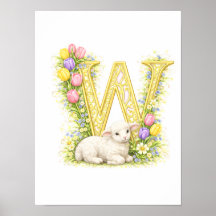 Nursery Letter W Baby Lamb Initial Gold Floral