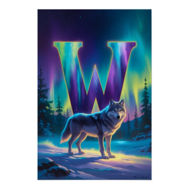 Nursery Letter W Name Northern Lights Wolf Poster (Front)