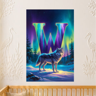 Nursery Letter W Name Northern Lights Wolf Poster