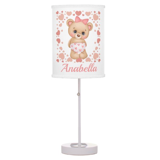 Nursery Pink Baby Girl Teddy Bear Table Lamp (Front)