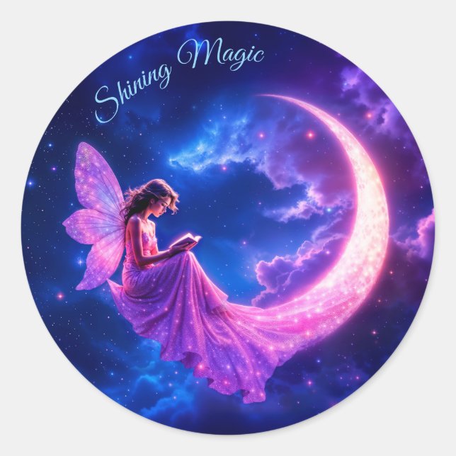 Nursery pink fairy fantasy glitter neon moon classic round sticker (Front)