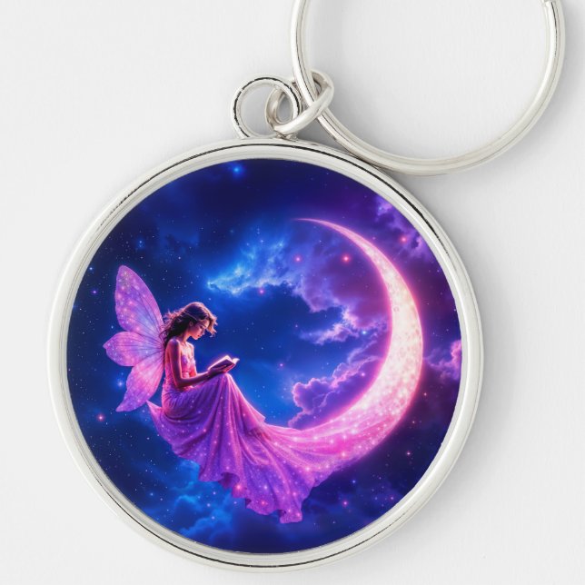 Nursery pink fairy fantasy glitter neon moon keychain (Front)