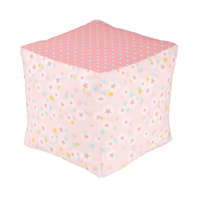 Nursery Pink & Turquoise Polka Dot N' Stars Pouf (Angled Front)
