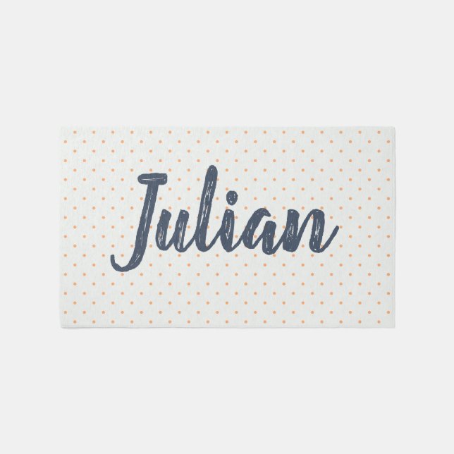 Nursery Playroom Custom Baby Name Navy Orange Dots Rug (Front)