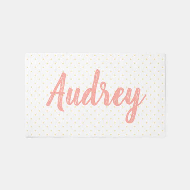 Nursery Playroom Custom Baby Name Pink Yellow Dots Rug (Front)