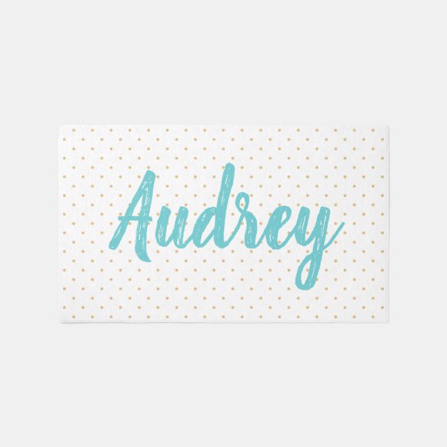 Nursery Playroom Custom Baby Name Teal Tan Dots Rug (Front)