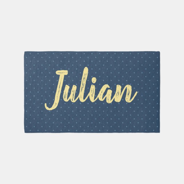 Nursery Playroom Custom Baby Name Yellow Navy Dots Rug (Front)