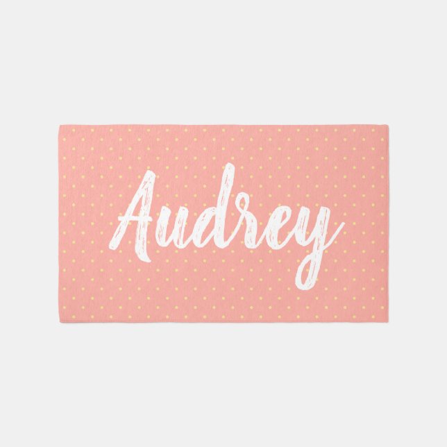 Nursery Playroom Dots Custom Baby Name Pink White Rug (Front)