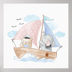 NURSERY POSTER : BOAT WITH  ELEPHANT & BABY BEAR