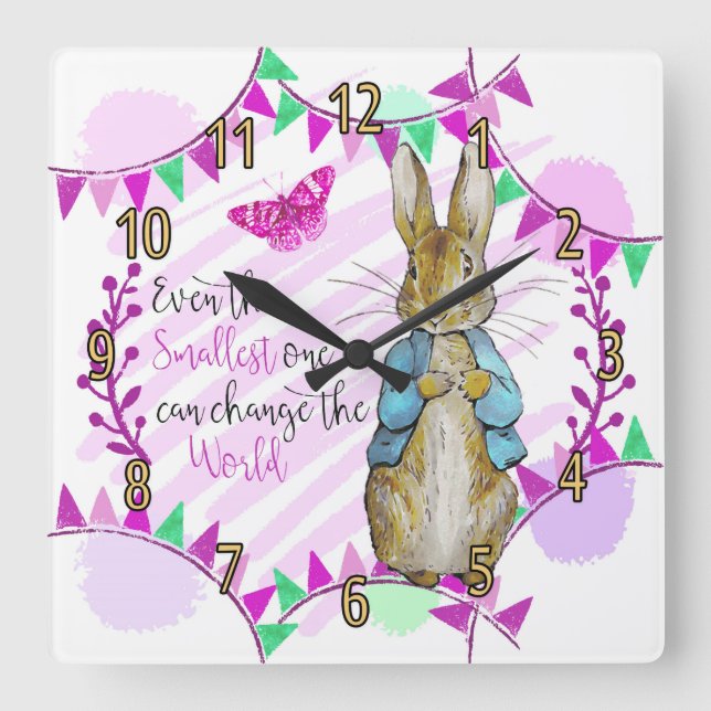 Nursery Rabbit and Bunting Clock in pink (Front)