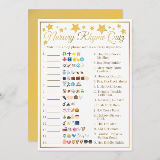 Nursery Rhyme Baby Shower Emoji Game Gold Star (Front/Back)