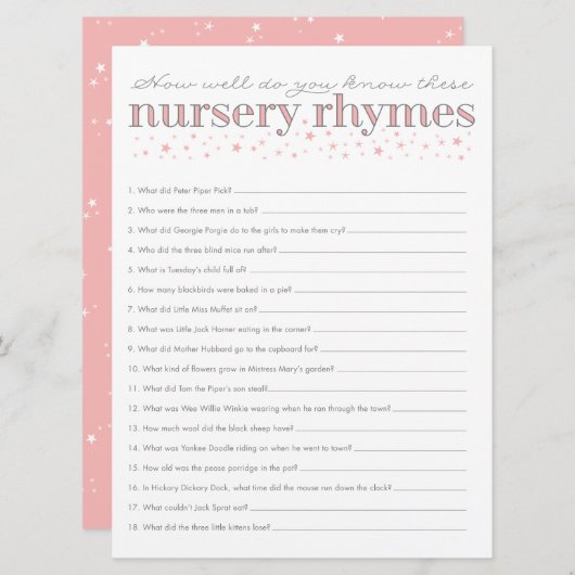 Nursery Rhyme Game Star Baby Shower Game Card (Front/Back)