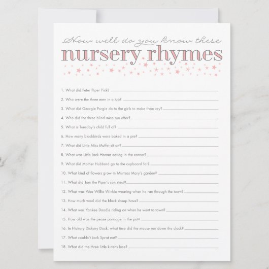 Nursery Rhyme Game Star Baby Shower Game Card (Front)