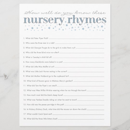 Nursery Rhyme Game Star Baby Shower Game Card