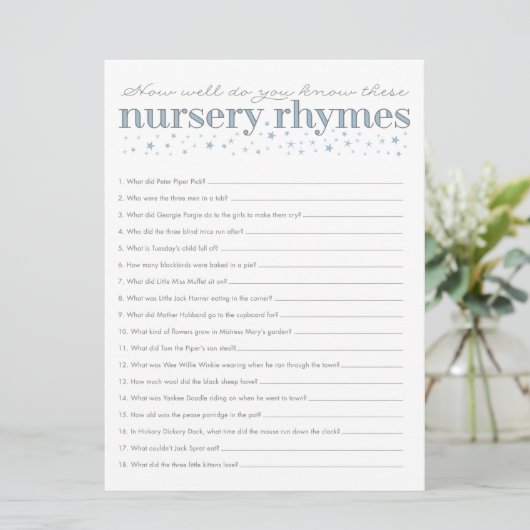 Nursery Rhyme Game Star Baby Shower Game Card (Standing Front)