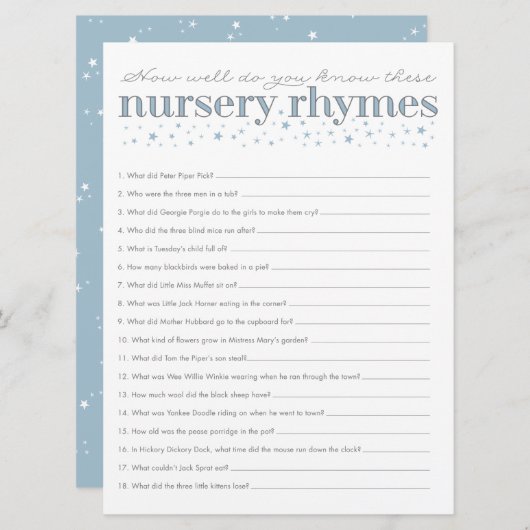 Nursery Rhyme Game Star Baby Shower Game Card (Front/Back)