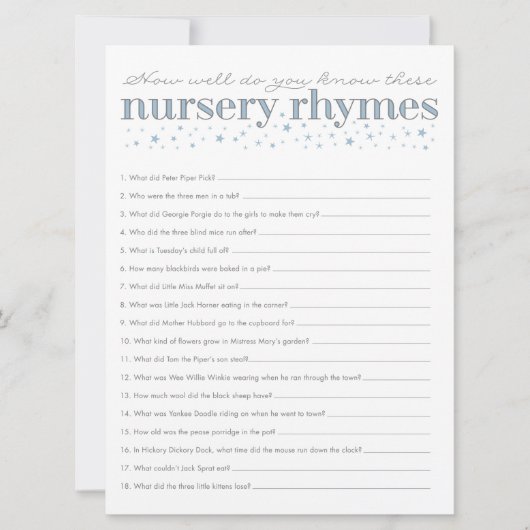 Nursery Rhyme Game Star Baby Shower Game Card (Front)