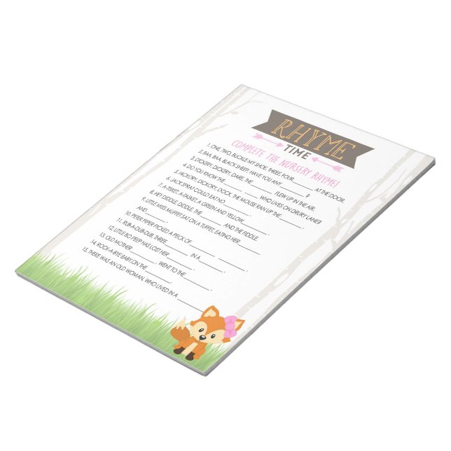 Nursery Rhyme Girl Fox Baby Shower Game Pack Notepad (Angled)