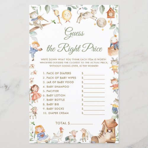 Nursery Rhyme Guess Right Price Baby Shower Game