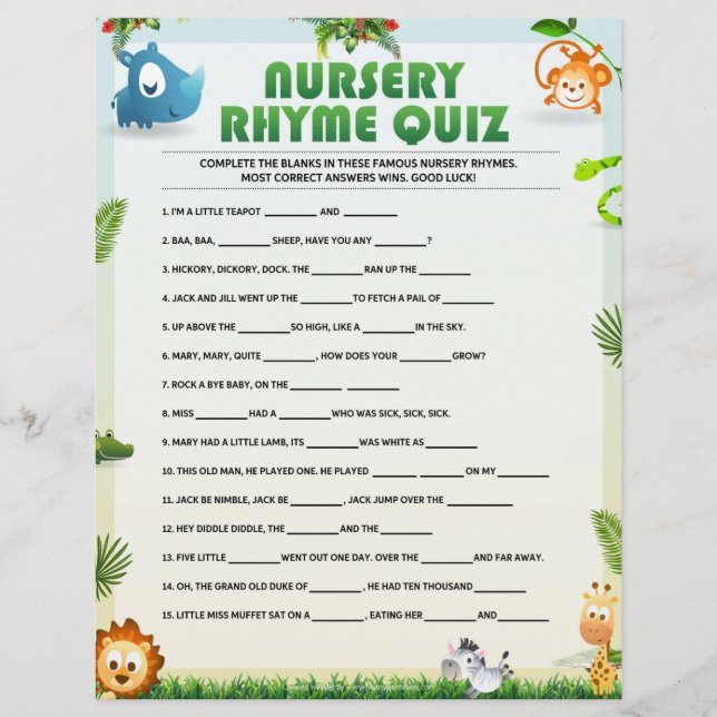 Nursery Rhyme Quiz [Animal Theme]  Letterhead (Front)