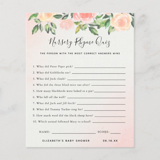 Nursery Rhyme Quiz | Baby Shower Game (Front)