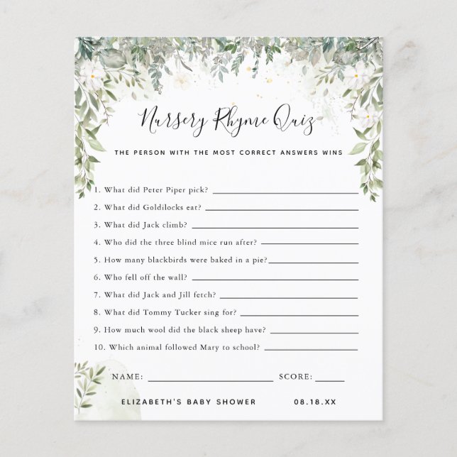 Nursery Rhyme Quiz | Baby Shower Game (Front)