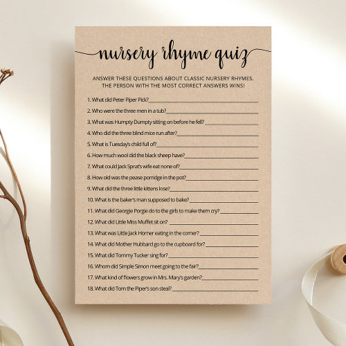 Nursery Rhyme Quiz Baby Shower game Card Nursery Rhyme Quiz Baby Shower game Card