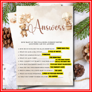 NURSERY RHYME QUIZ Baby Shower Game Cute Bear Invitation