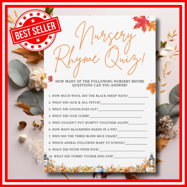 NURSERY RHYME QUIZ Baby Shower Game LITTLE PUMPKIN Invitation (NURSERY RHYME QUIZ Easy Baby Shower Game A Little Pumpkin is on the Way Fall Autumn Theme)