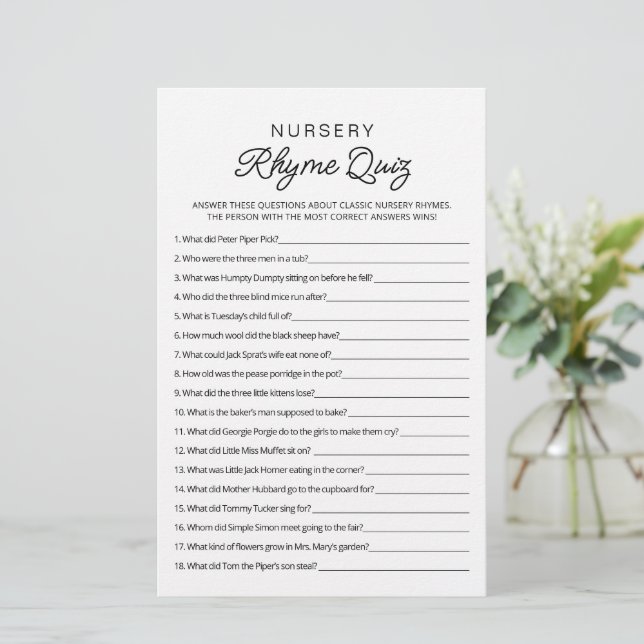 Nursery Rhyme Quiz Baby Shower game with Answers (Standing Front)