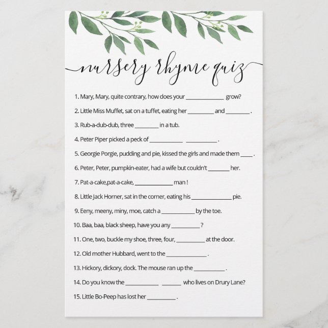Nursery Rhyme Quiz Baby Shower game with Answers (Front)
