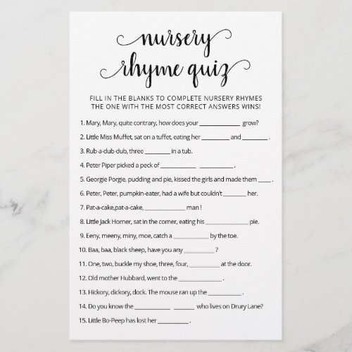 Nursery Rhyme Quiz Baby Shower game with Answers