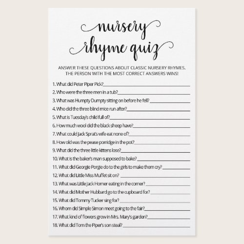 Nursery Rhyme Quiz Baby Shower game with Answers Nursery Rhyme Quiz Baby Shower game with Answers