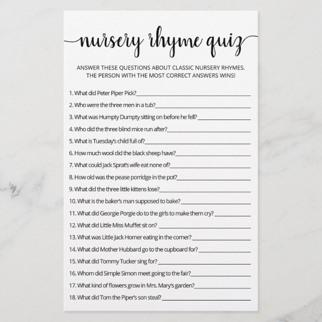Nursery Rhyme Quiz Baby Shower game with Answers (Front)