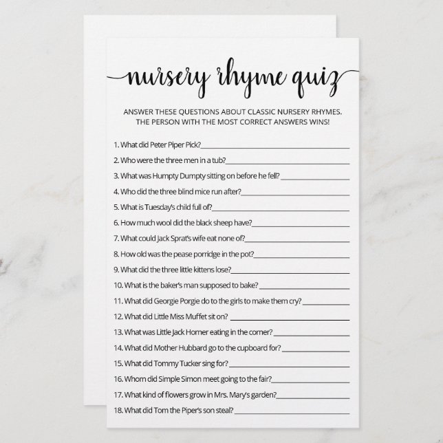 Nursery Rhyme Quiz Baby Shower game with Answers | Zazzle nursery-rhyme-quiz-baby-shower-game-with-answers-zazzle