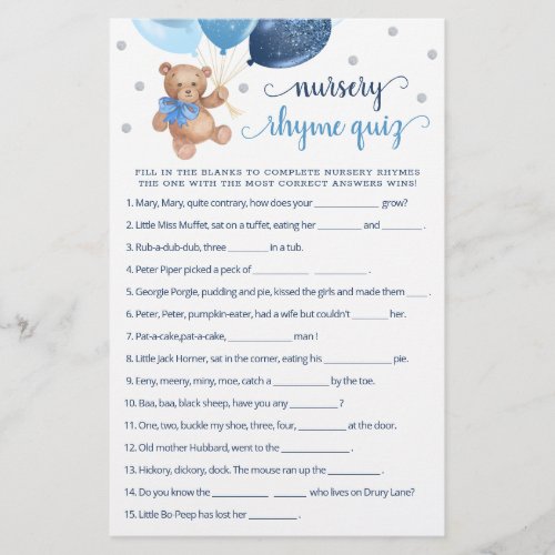 Nursery Rhyme Quiz Game Baby Shower Teddy Bear 