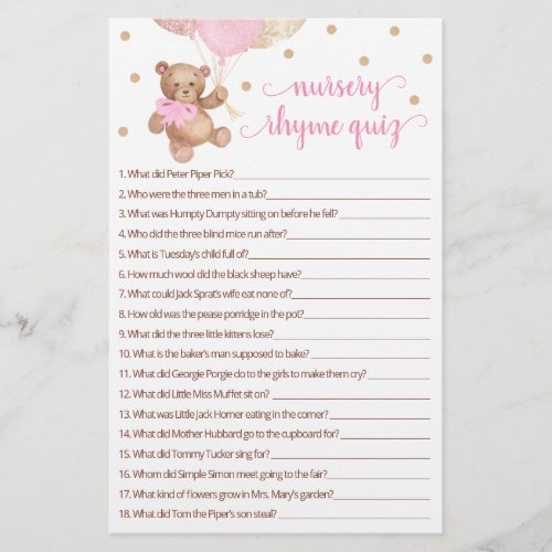 Nursery Rhyme Quiz Game Baby Shower Teddy Bear