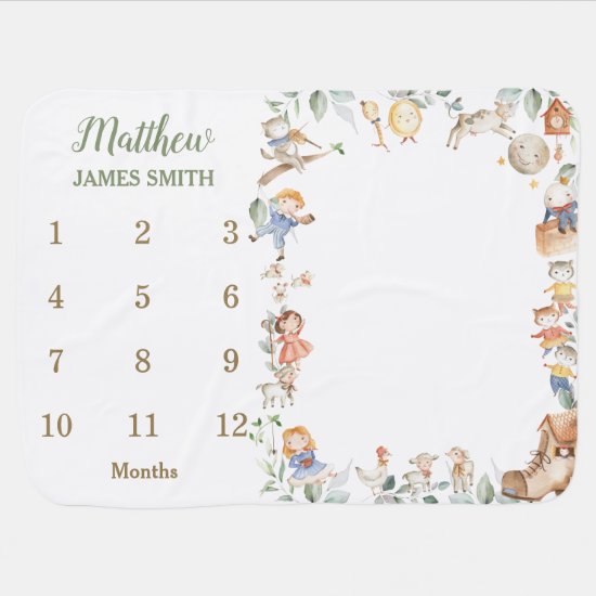 Nursery Rhyme Storybook Greenery Monthly Milestone Baby Blanket