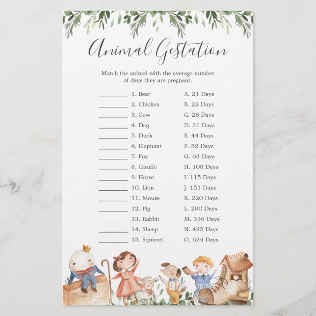 Nursery Rhymes Baby Shower Animal Gestation Game (Front)