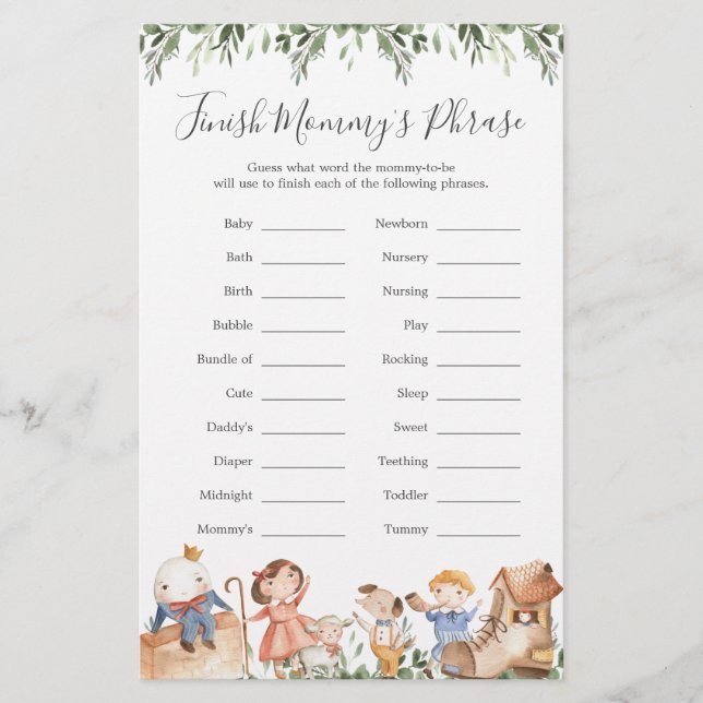Nursery Rhymes Baby Shower Finish Mommy's Phrase (Front)
