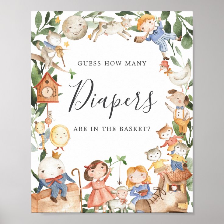 Nursery Rhymes Baby Shower Guess How Many Diapers Poster Zazzle