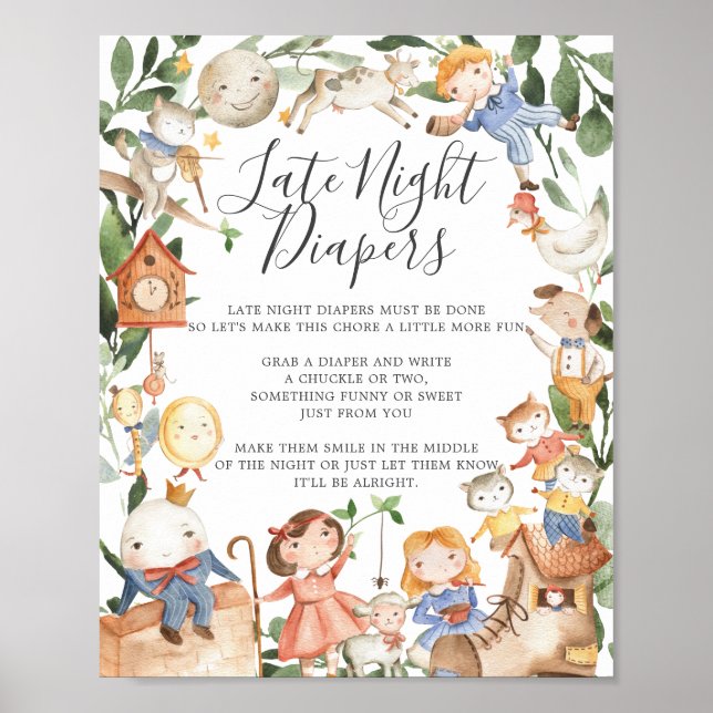 Nursery Rhymes Baby Shower Late Night Diapers Sign (Front)