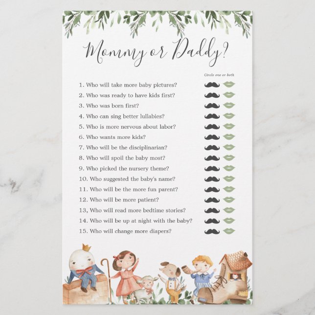 Nursery Rhymes Baby Shower Mommy or Daddy Game (Front)