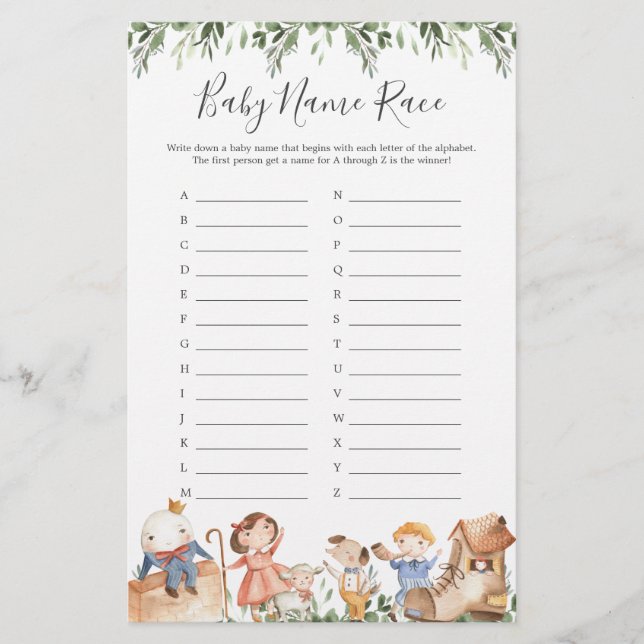 Nursery Rhymes Baby Shower Name Race Game (Front)