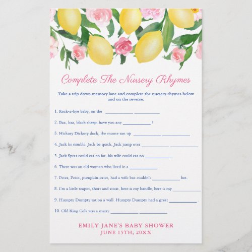 Nursery Rhymes Game Card For Lemons Baby Shower Flyer