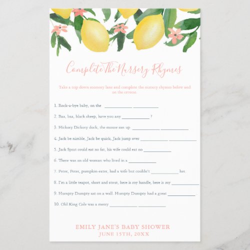 Nursery Rhymes Girl Lemons Baby Shower Game Card Flyer